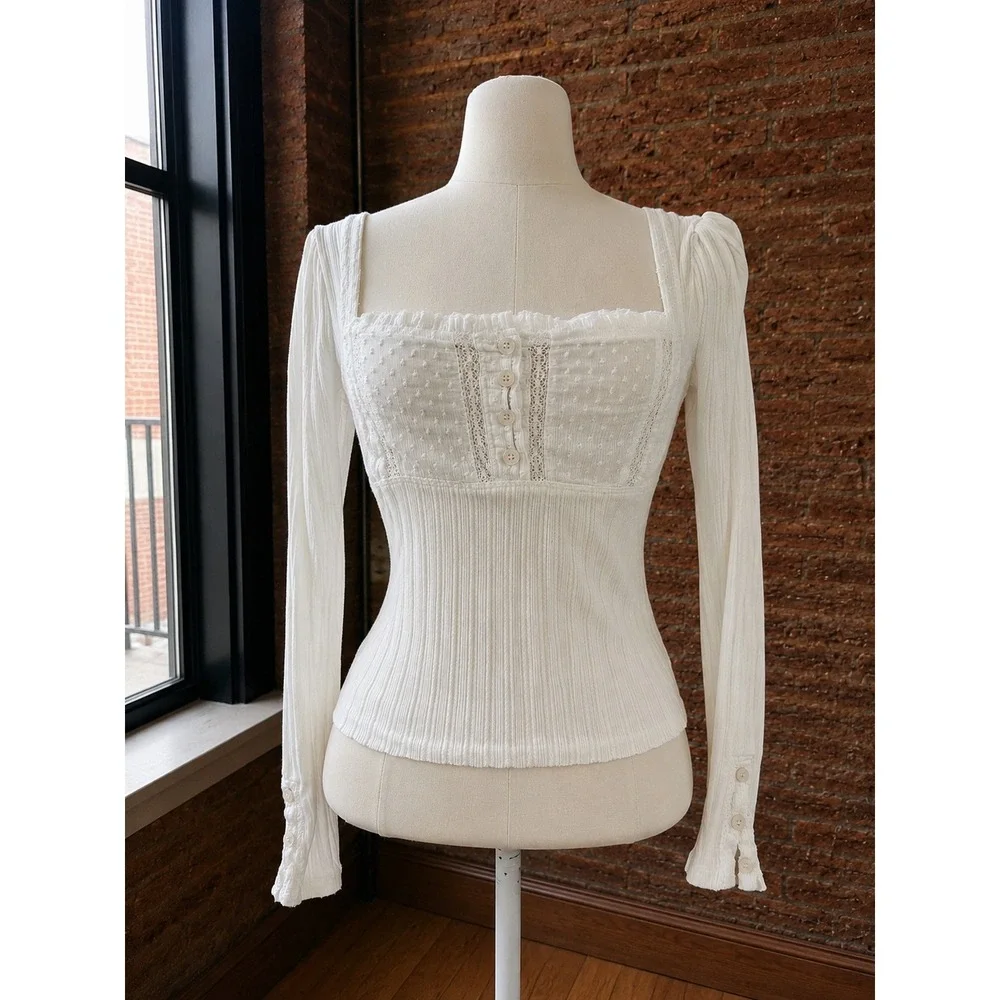 Free People White Lace Ribbed Long Sleeve Top Square Neck Coquette Prairie S